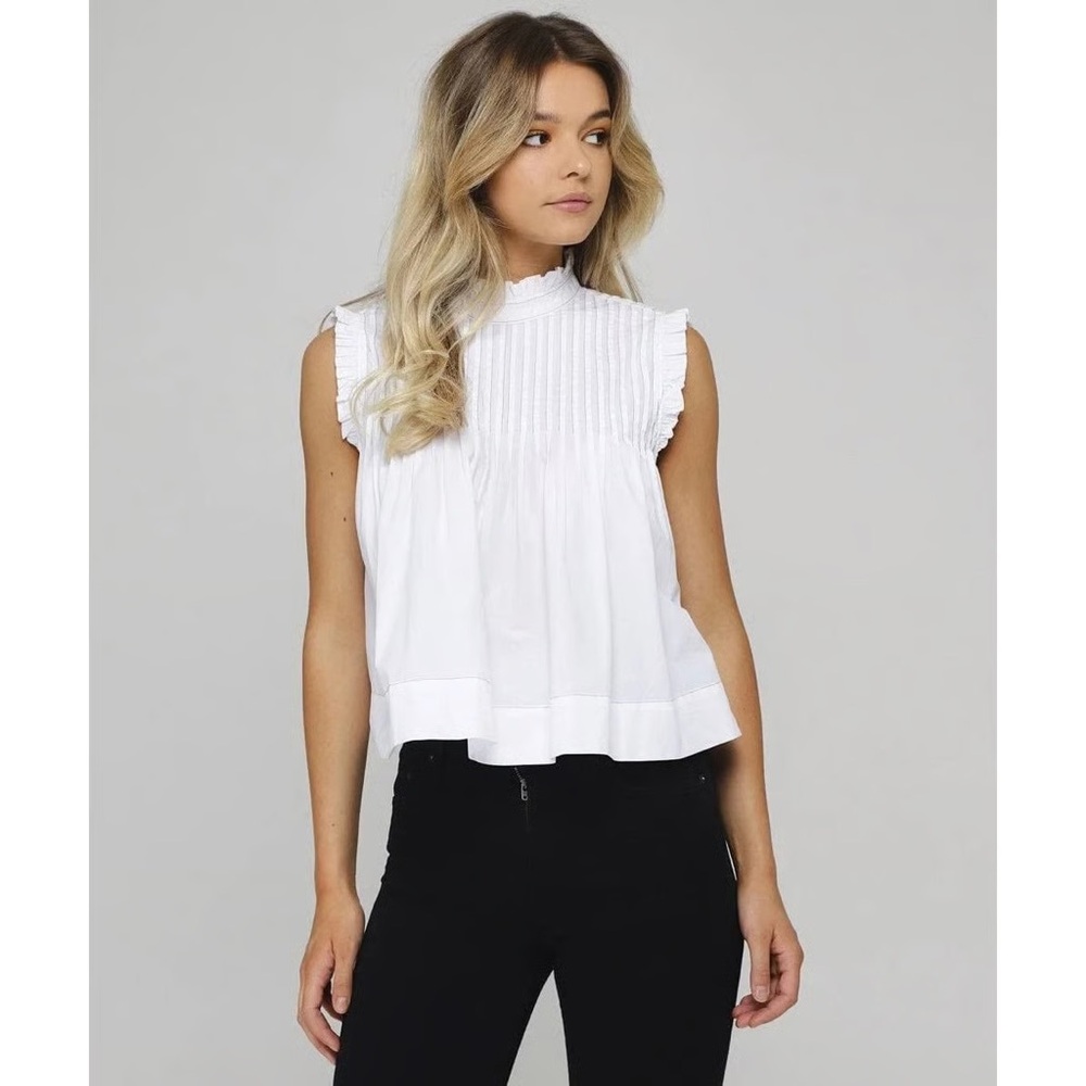 NWOT Ganni White Pintuck Ruffle Mock Neck Back Button Up Blouse